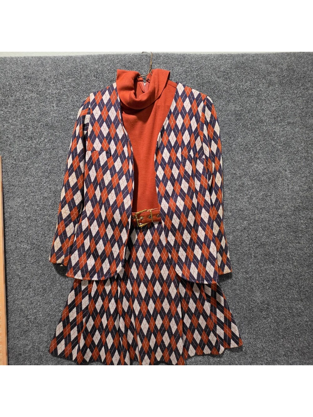 VS08. Vintage 60s 70s Argyle Dress Jacket Belt 3 Piece Mod Knit Set